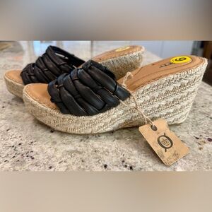 Born Black Genuine Leather Woven Wedge Sandals NWT